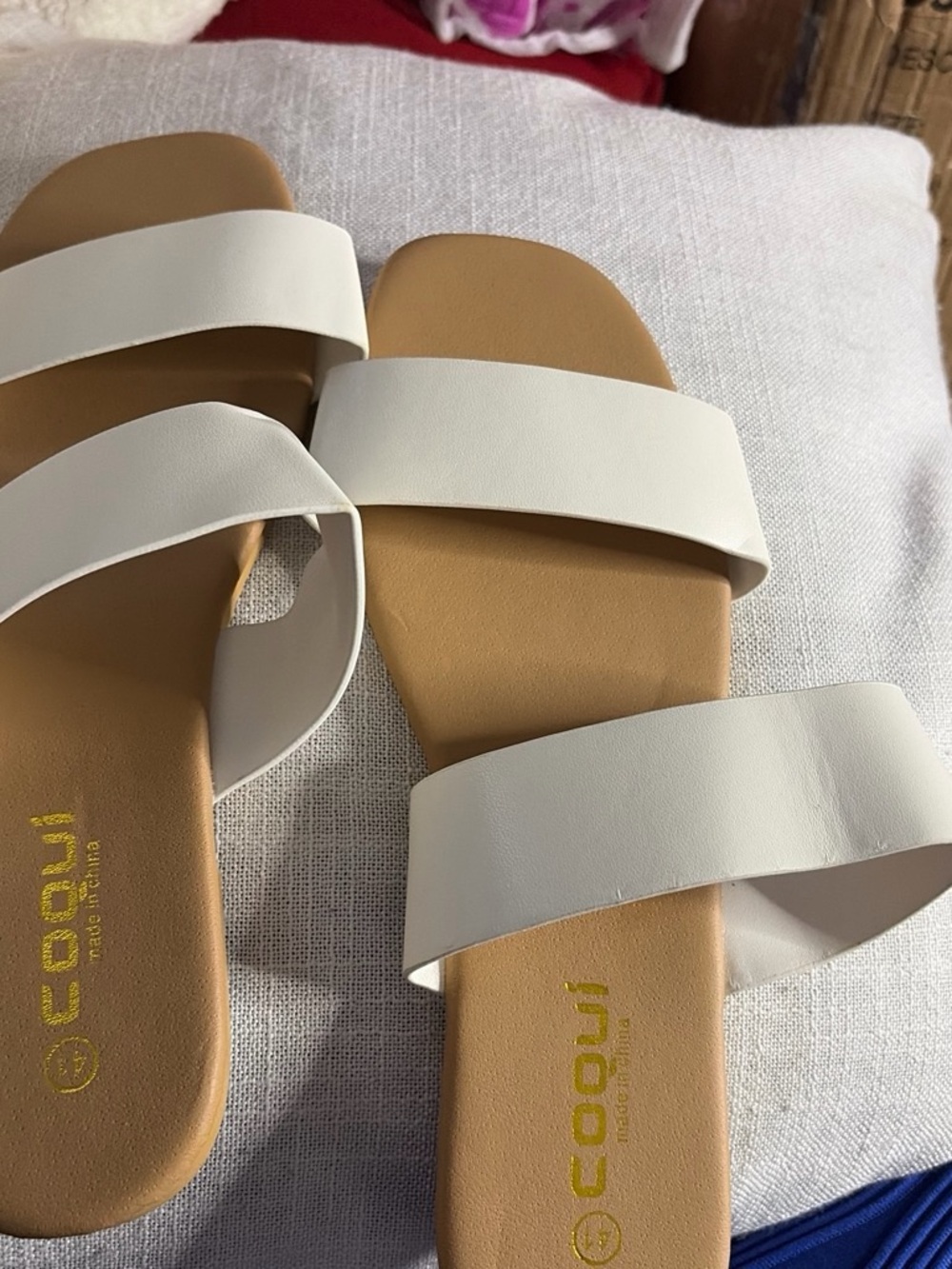 Coqui Women's White Double-Strap Slide Sandals with Tan Footbed